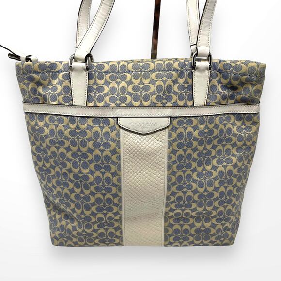 COACH Blue White Leather Monogram Signature Stripe Tote - Picture 3 of 10